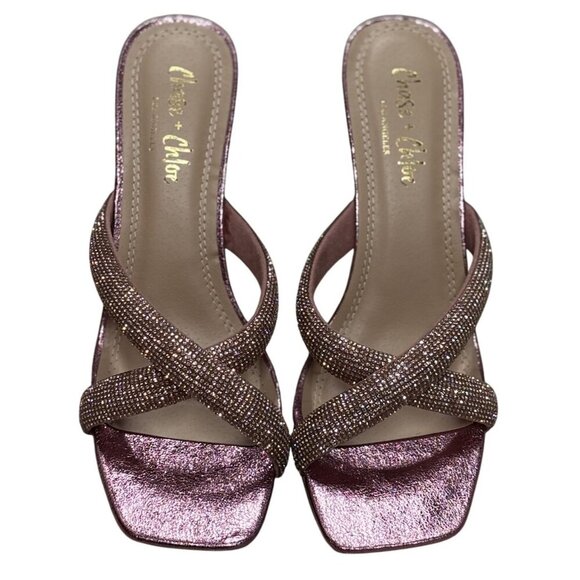CHASE+CHLOE / Olla-1 / Pink / Rhinestone Embellished Cross-Strap / Heeled Sandal - Picture 4 of 9